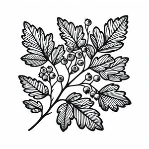 A black and white drawing of leaves and berries