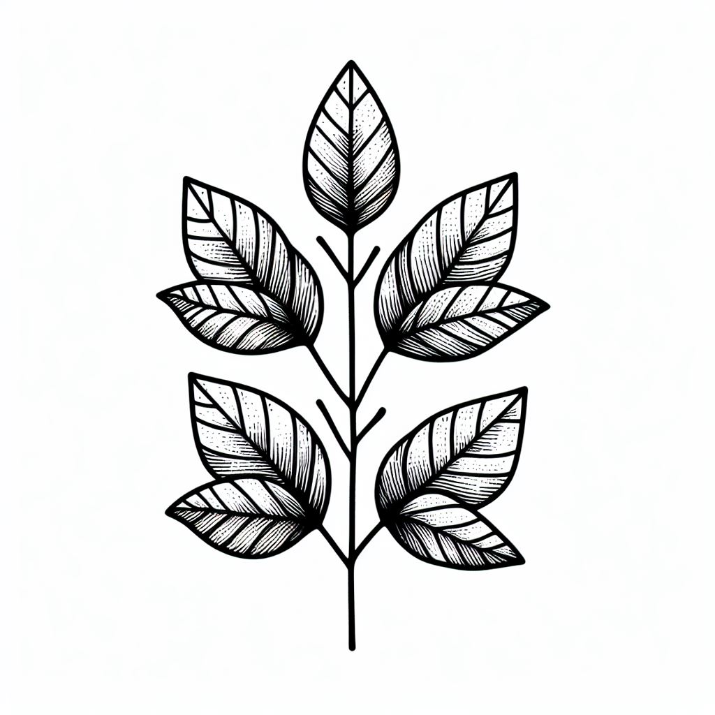 A black and white drawing of a leaf