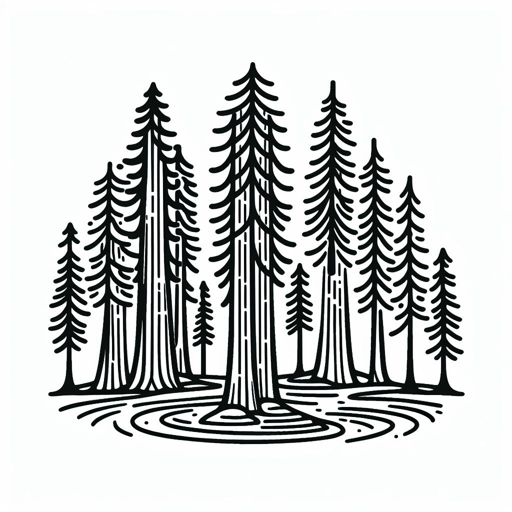 A black and white drawing of a forest