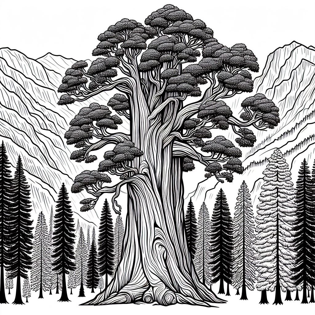 A drawing of a tree with mountains in the background