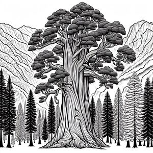 A drawing of a tree with mountains in the background