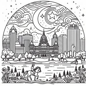 A black and white drawing of a city