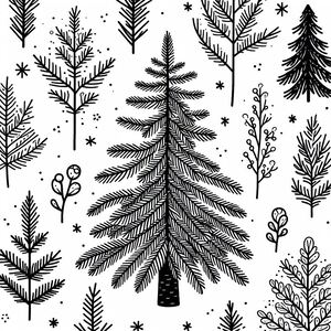 A black and white drawing of a christmas tree