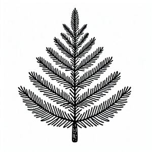 A black and white drawing of a pine tree