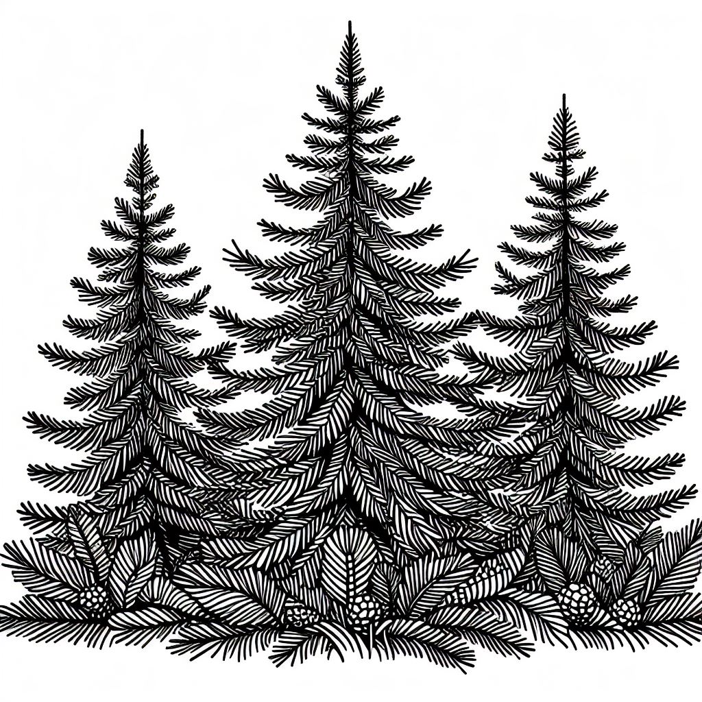 A black and white drawing of three pine trees