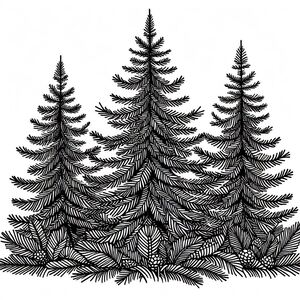 A black and white drawing of three pine trees