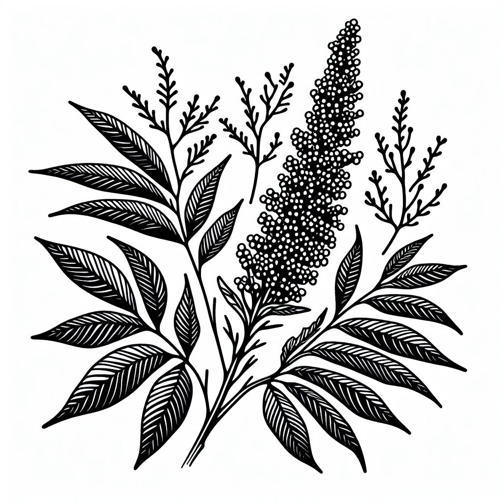 A black and white drawing of a plant