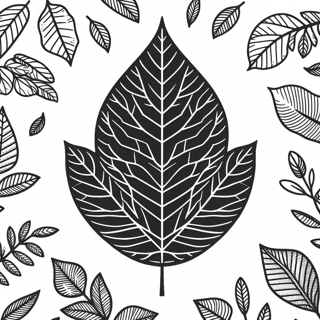 A black and white drawing of a leaf surrounded by leaves