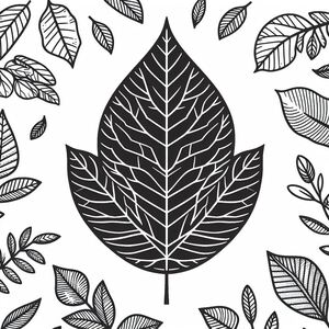 A black and white drawing of a leaf surrounded by leaves