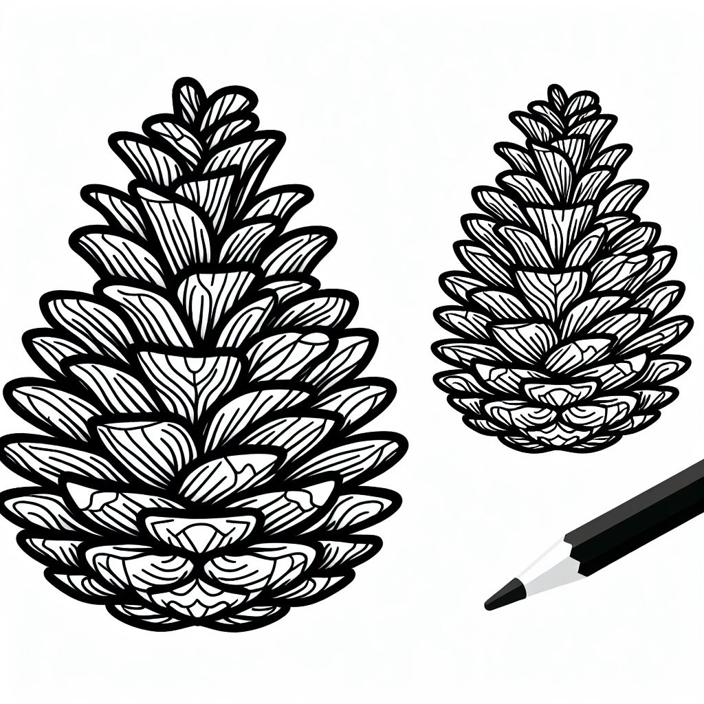 A black and white drawing of two pine cones