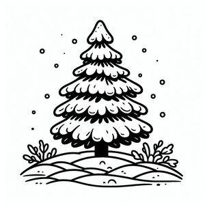 A black and white drawing of a christmas tree