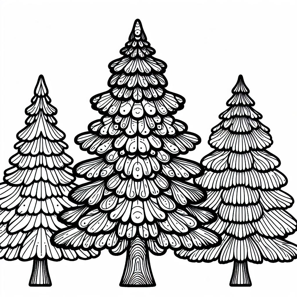 A line drawing of three christmas trees