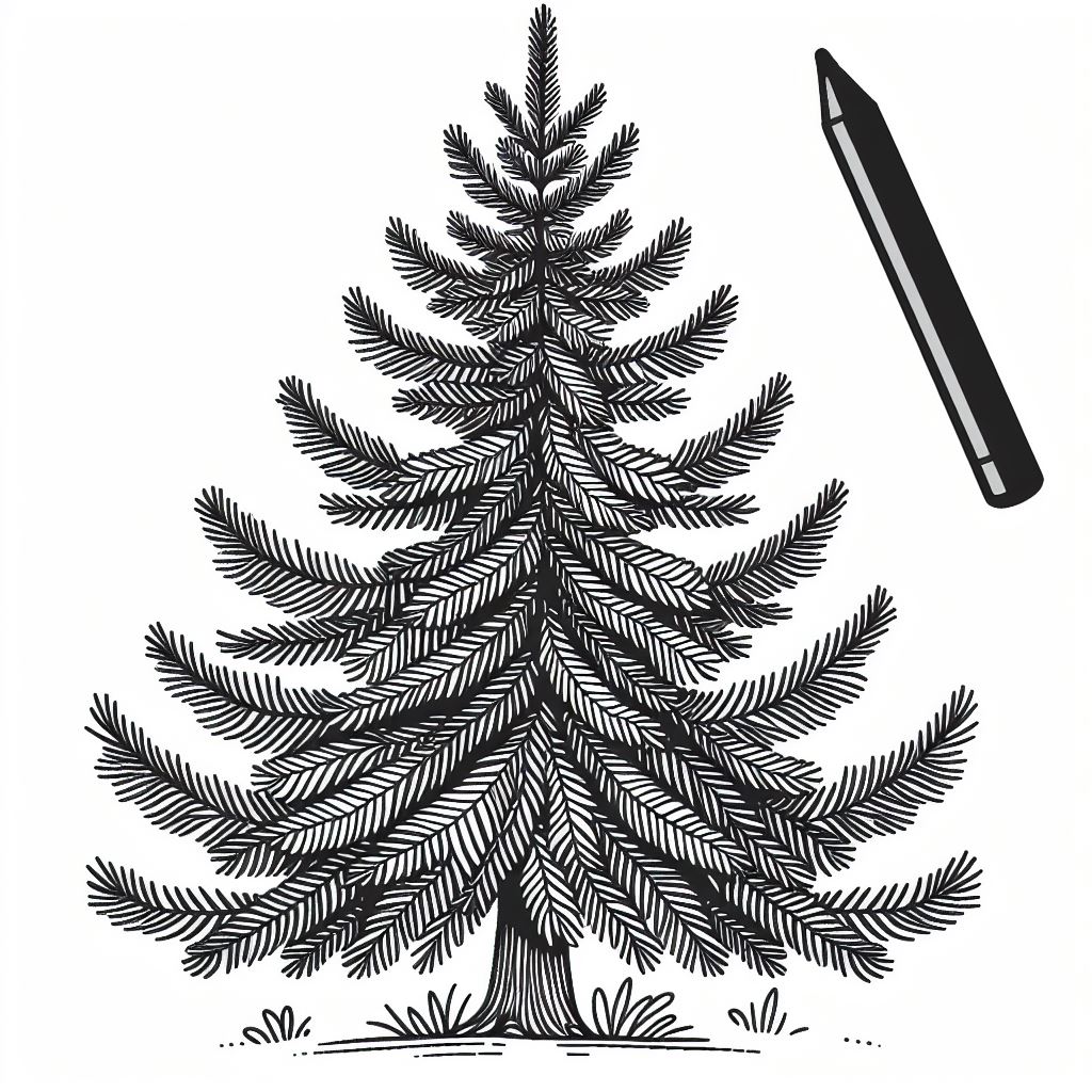 A pen is next to a drawing of a pine tree