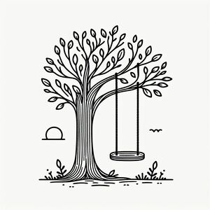 A black and white drawing of a tree with a swing