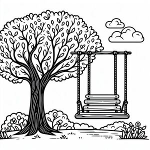 A swing in the park with a tree and clouds