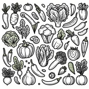 A black and white drawing of vegetables 2