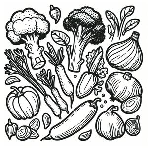 A black and white drawing of vegetables 4