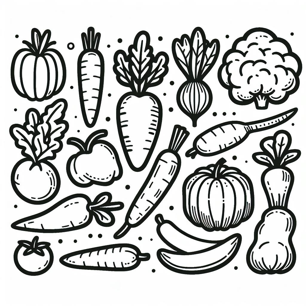 A black and white drawing of vegetables