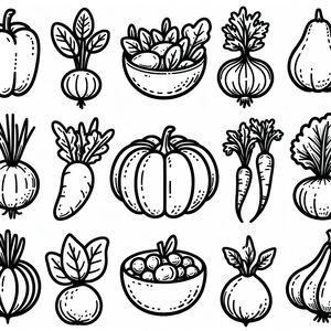 A bunch of vegetables that are drawn in black and white