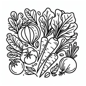 A black and white drawing of vegetables