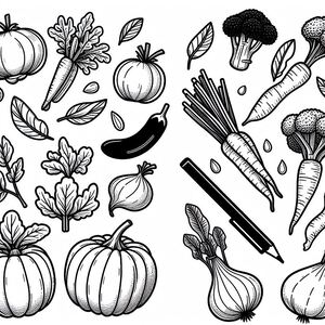 A bunch of vegetables that are drawn in black and white