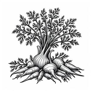 A black and white drawing of a tree with roots