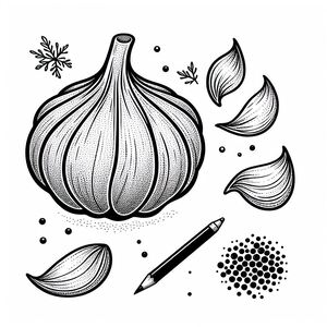 A black and white drawing of garlic