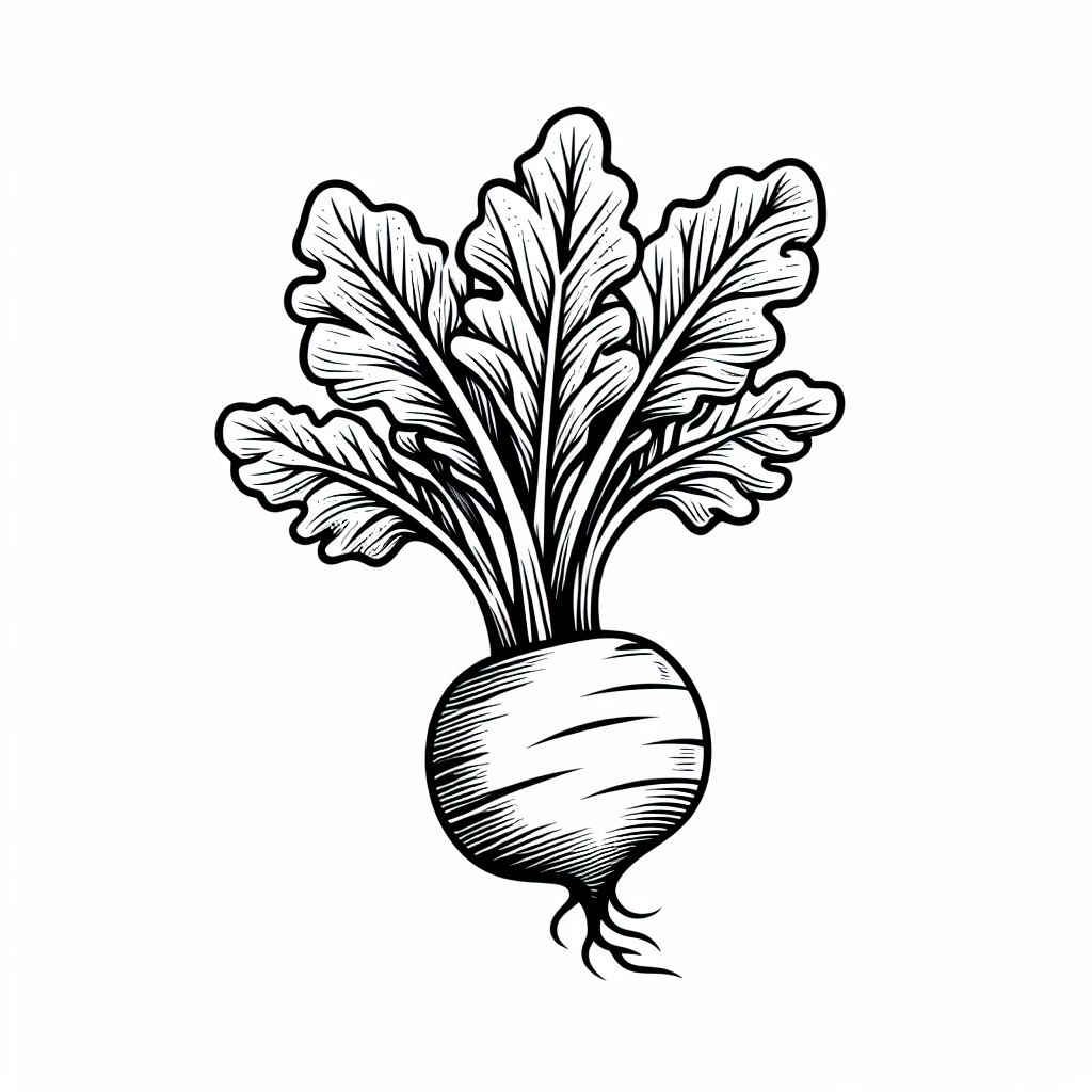 A black and white drawing of a turnip