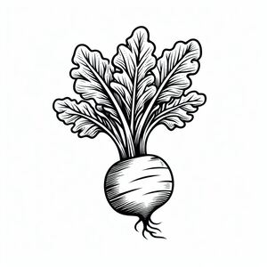 A black and white drawing of a turnip