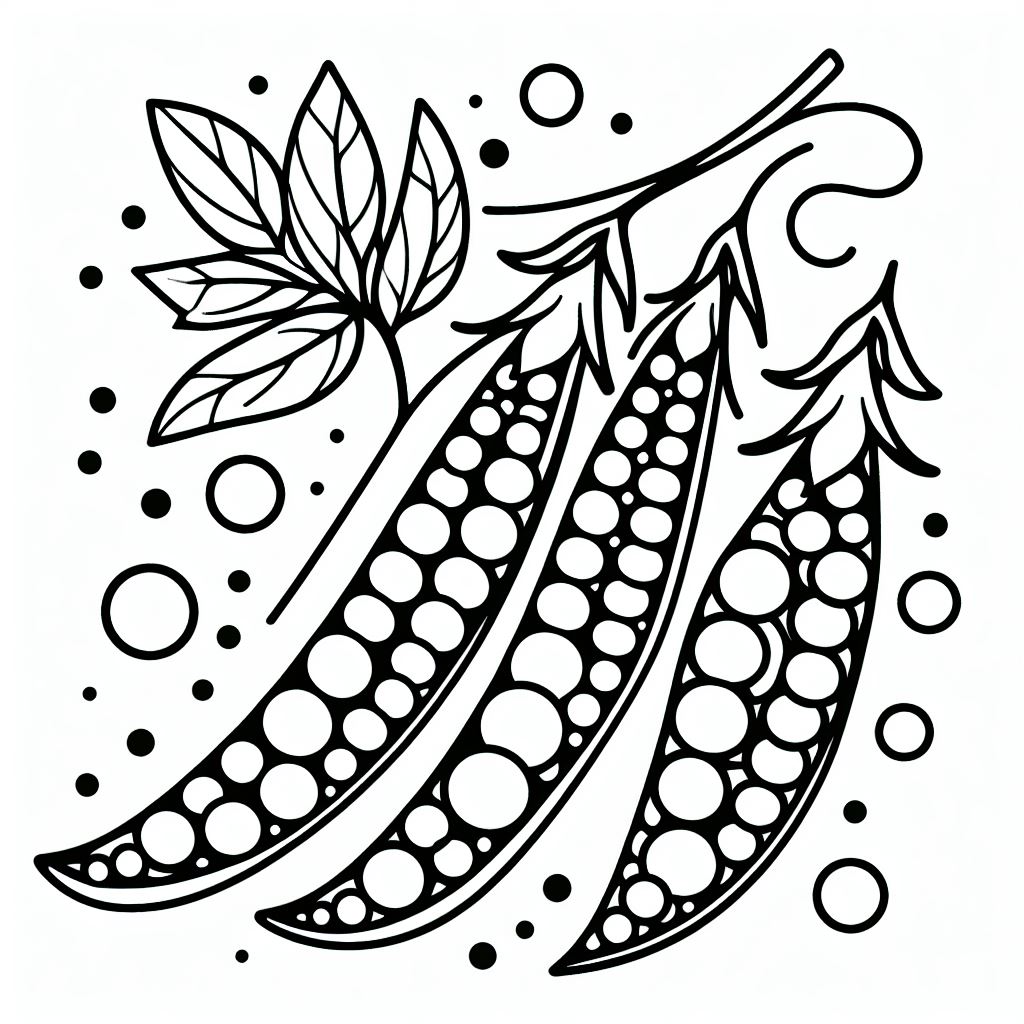 A black and white drawing of peas with leaves