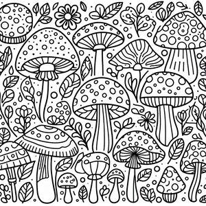 A black and white drawing of a group of mushrooms