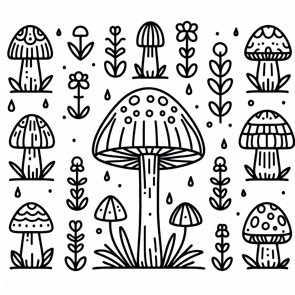 A black and white drawing of mushrooms