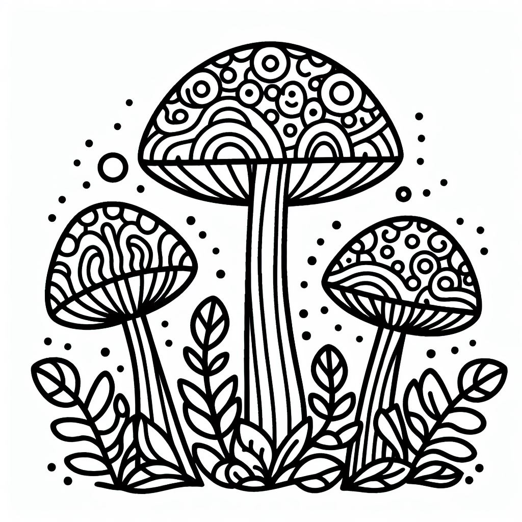 A black and white drawing of three mushrooms