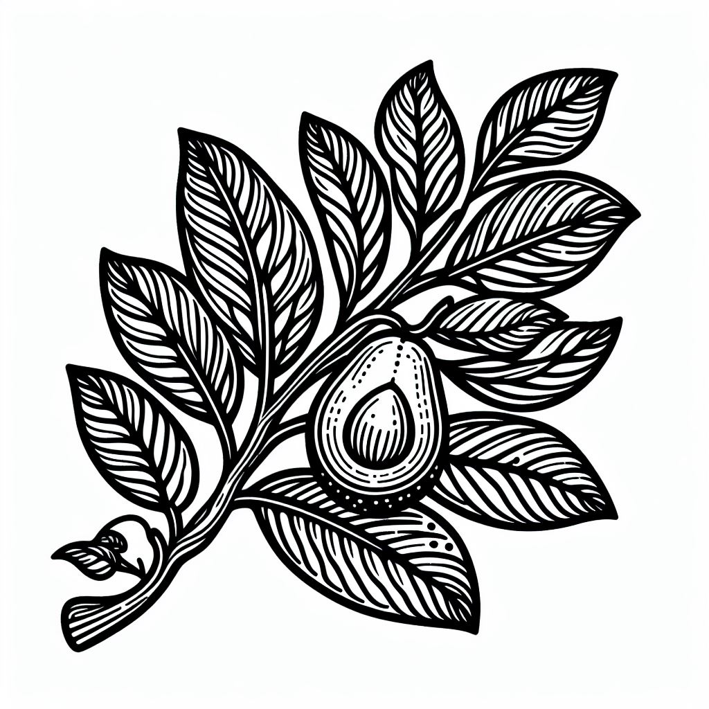 A black and white drawing of leaves and an acorn