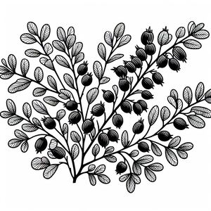 A black and white drawing of a plant with leaves