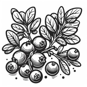 A black and white drawing of berries and leaves 3