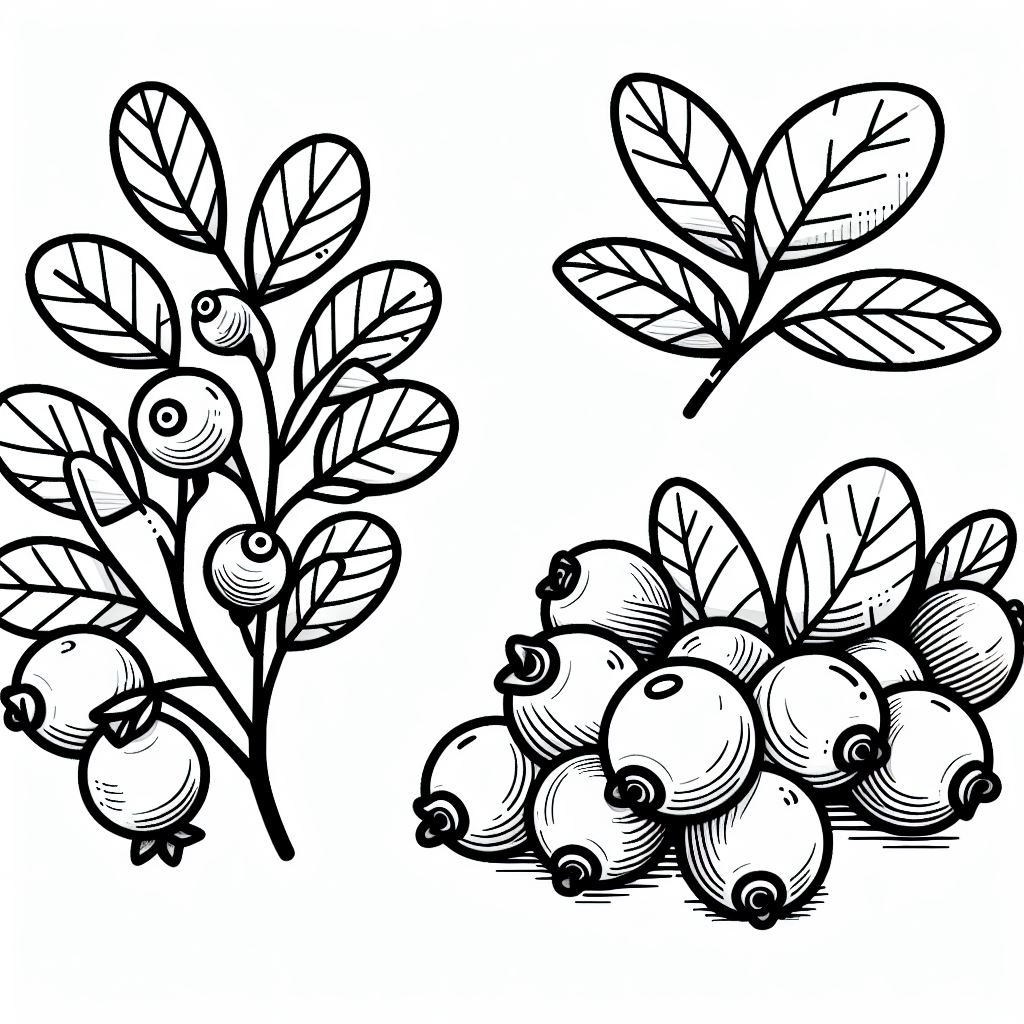 A black and white drawing of berries and leaves