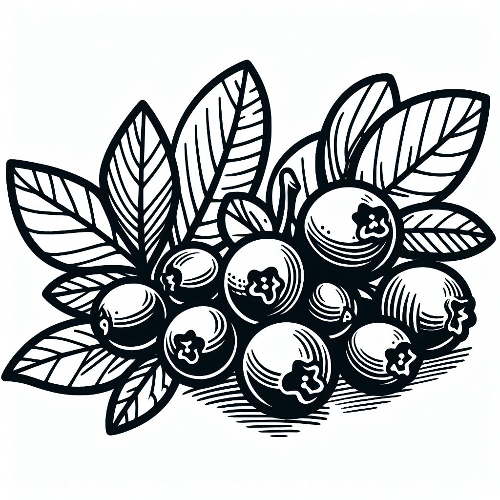 A black and white drawing of berries with leaves