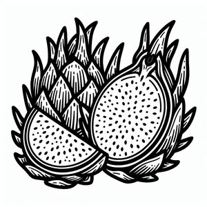 A black and white drawing of a dragon fruit