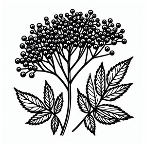 A black and white drawing of a plant with leaves