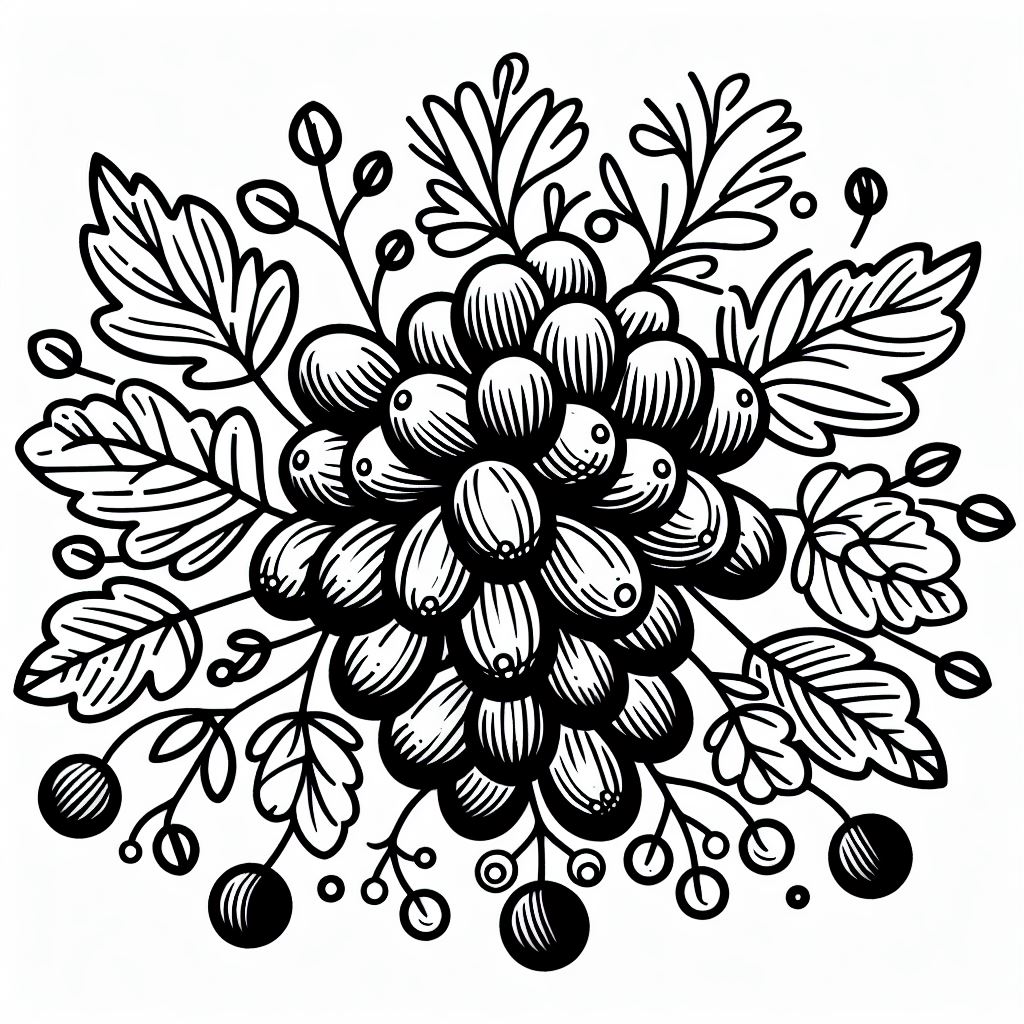 A black and white drawing of a bunch of grapes