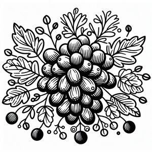 A black and white drawing of a bunch of grapes