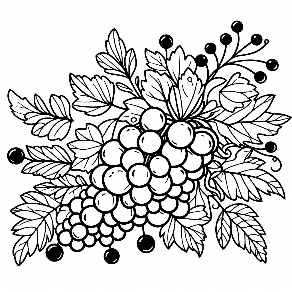 A bunch of grapes with leaves and berries