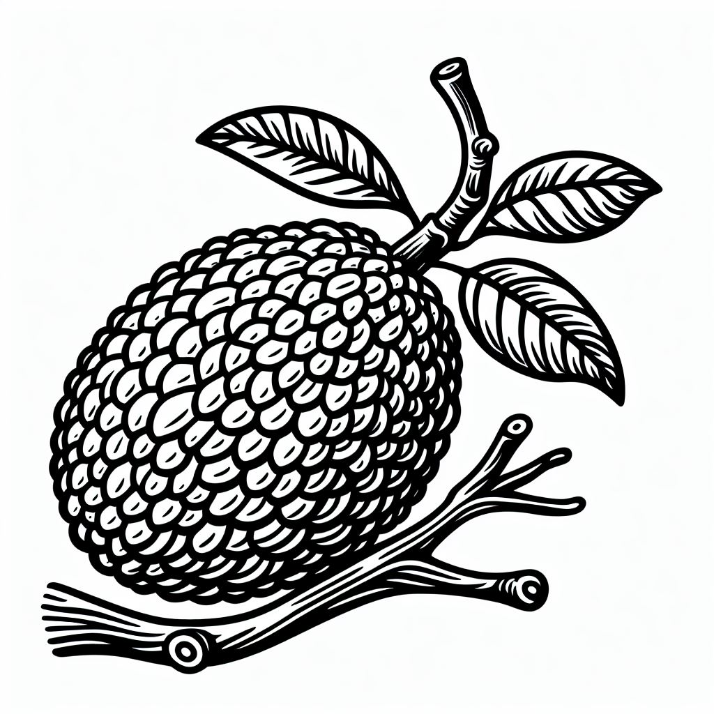 A black and white drawing of a fruit on a branch