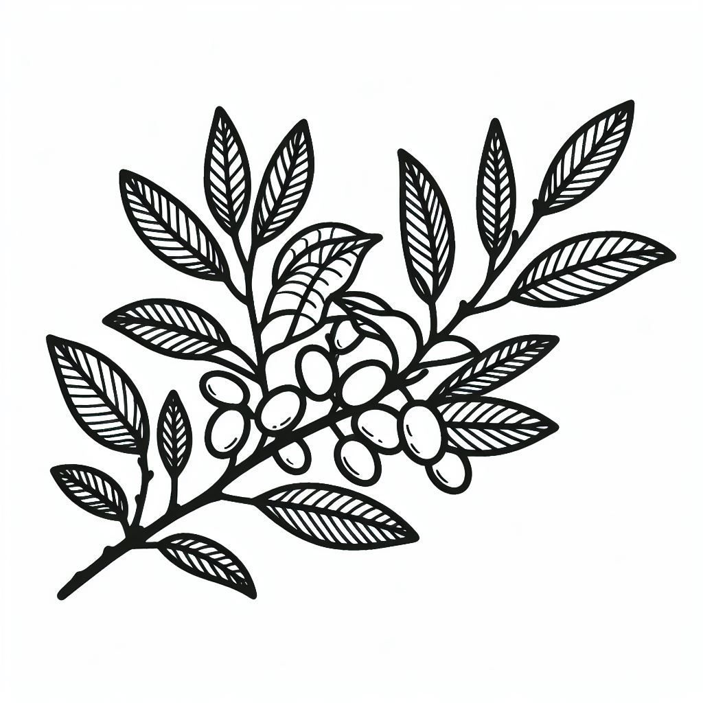 A black and white drawing of berries on a branch