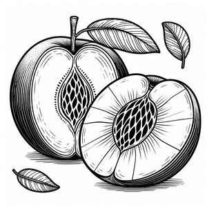 A black and white drawing of two apples