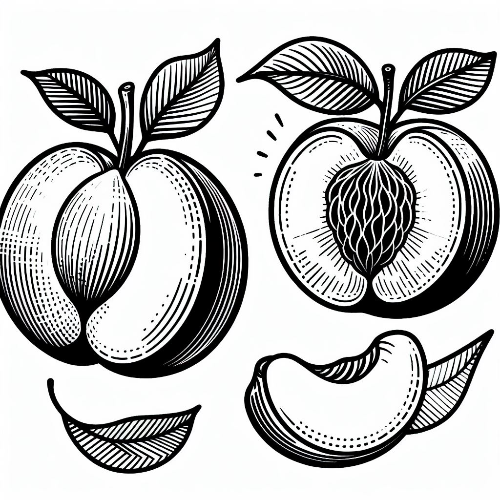 A black and white drawing of two peaches