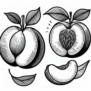 A black and white drawing of two peaches