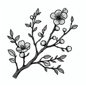 A black and white drawing of a branch with flowers 4