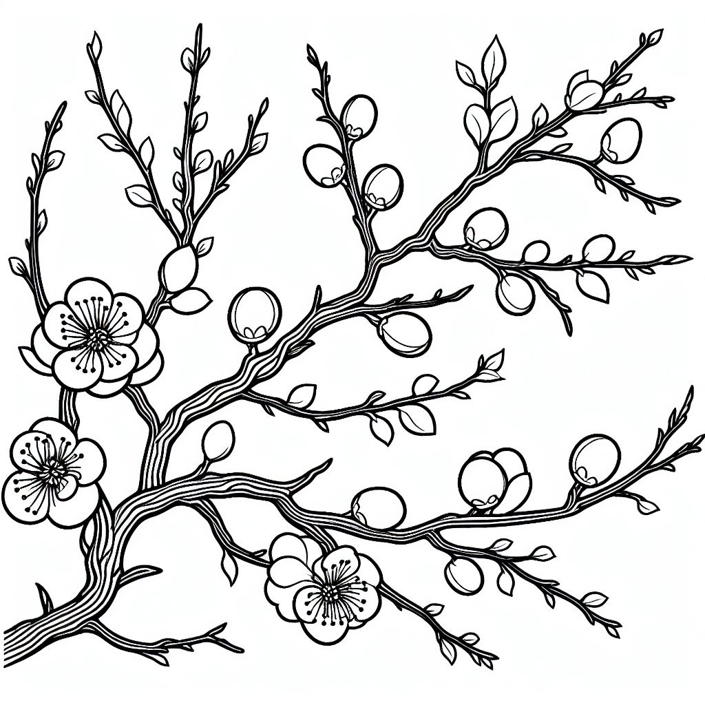 A black and white drawing of a branch with flowers